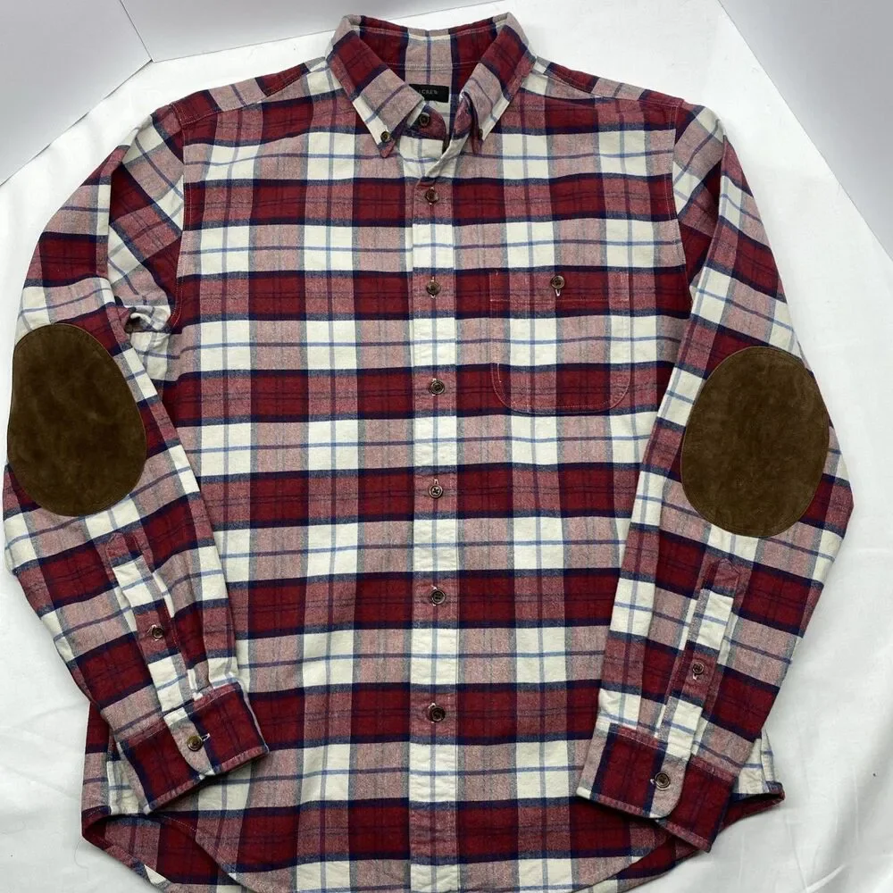 J Crew Shirt Men M Red Plaid Flannel 100% Cotton Mid Weight Elbow Patches Cabin